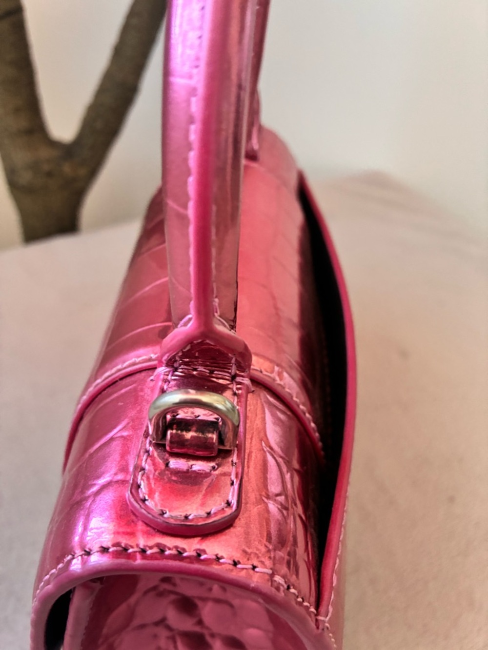 Balenciaga Metallic Fuchsia Croc-Embossed Hourglass Satchel - Picture 10 of 15